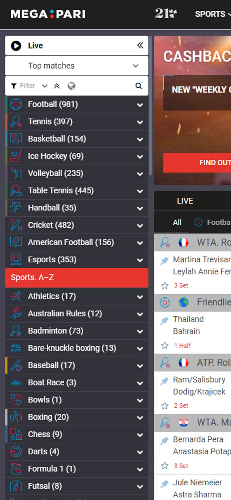 The sports betting section of the Megapari app.