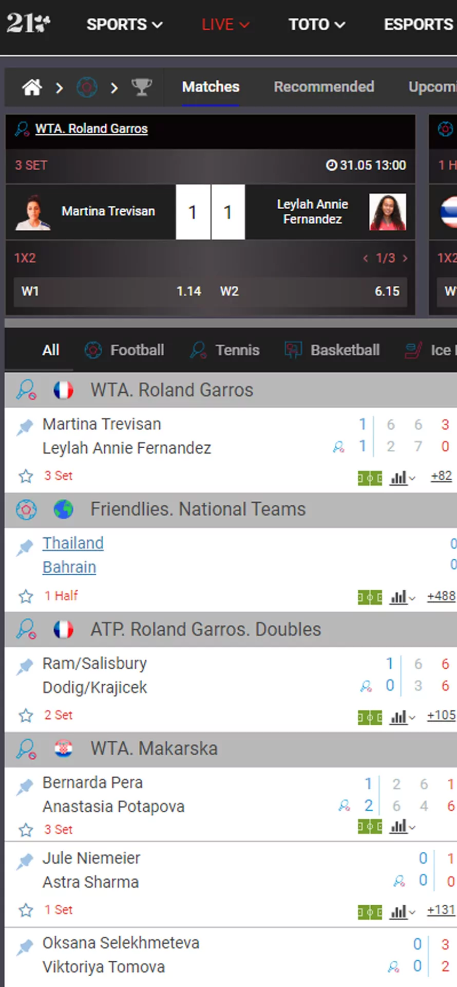 Live betting section in the Megapari app.