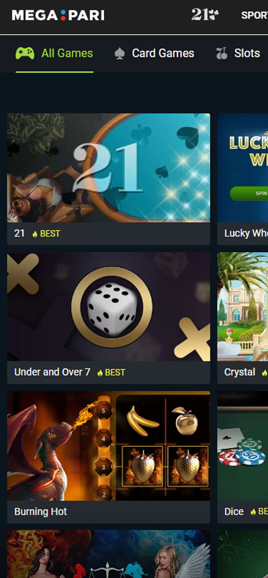 All casino games section in Megapari app.