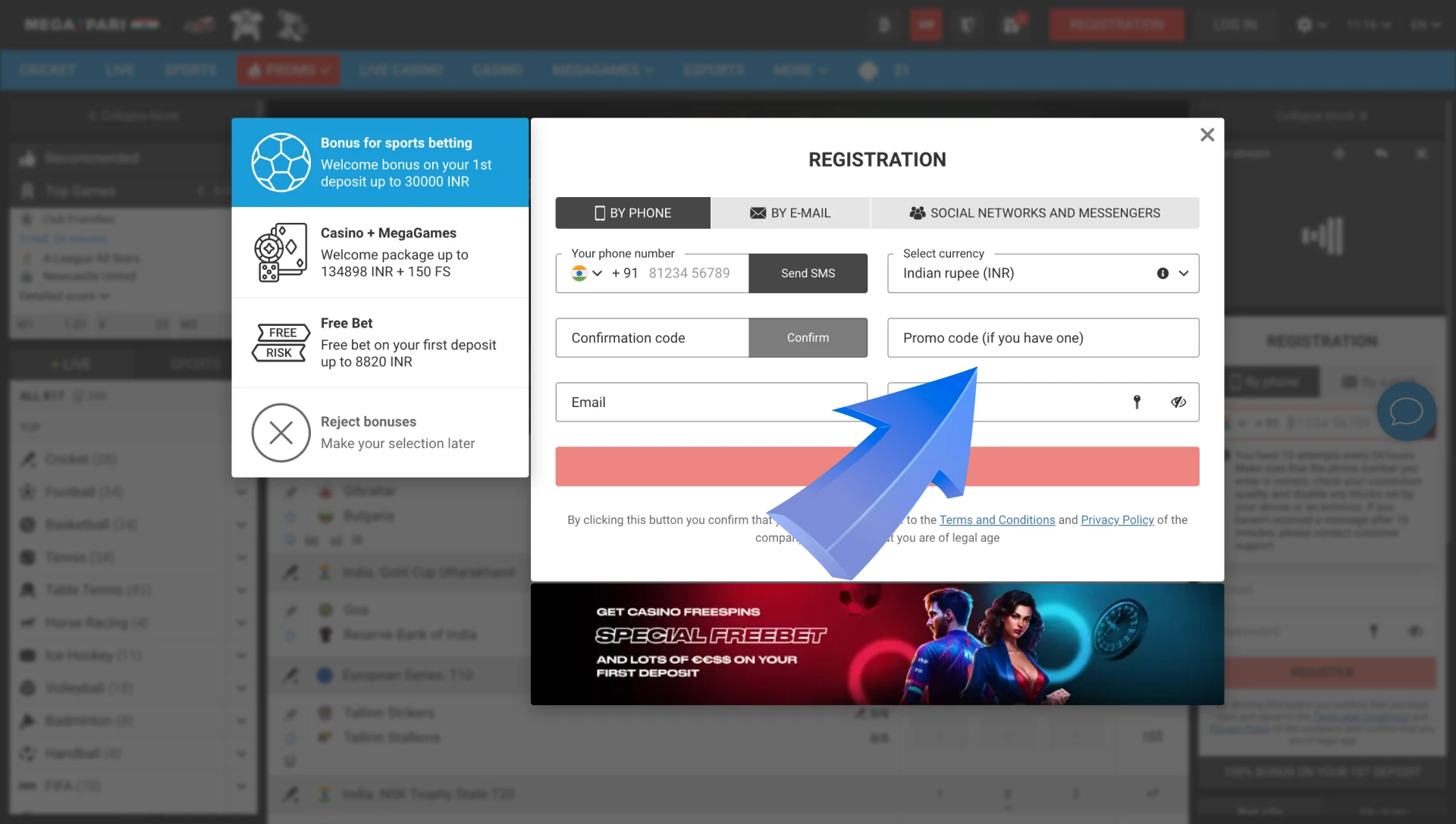 Enter the Megapari promo code in the required registration field.